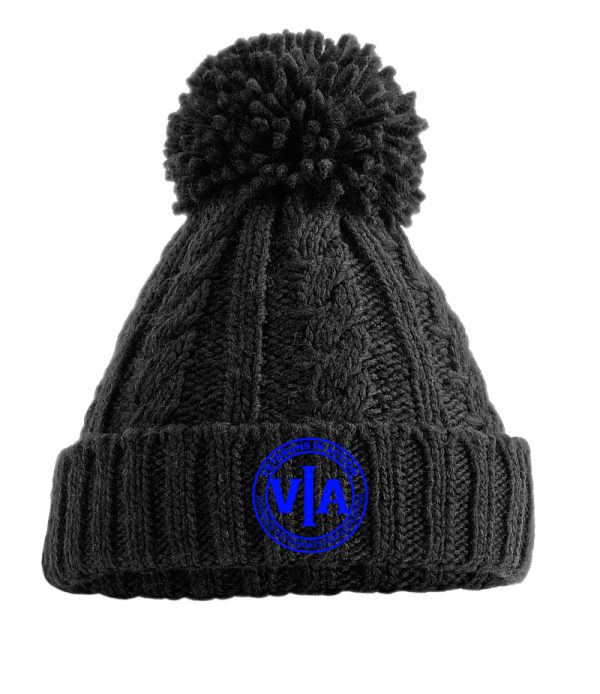 veterans in action black cable knit beanie with blue logo
