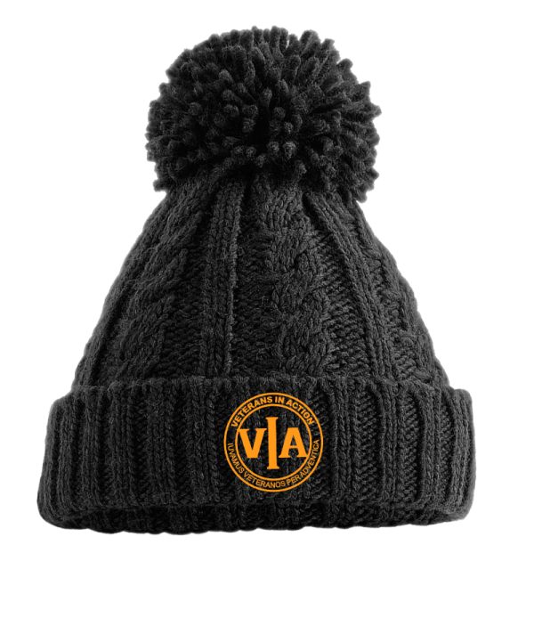 veterans in action black cable knit beanie with gold logo