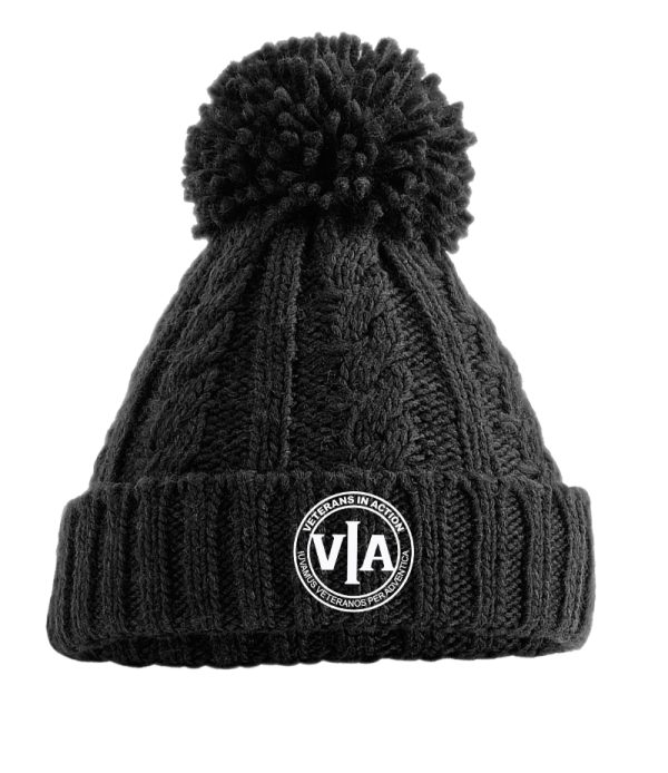veterans in action black cable knit beanie with white logo