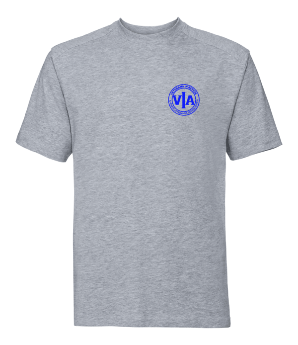 veterans in action light oxford grey t shirt with blue logo