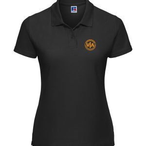 veterans in action ladies black polo shirt with gold logo