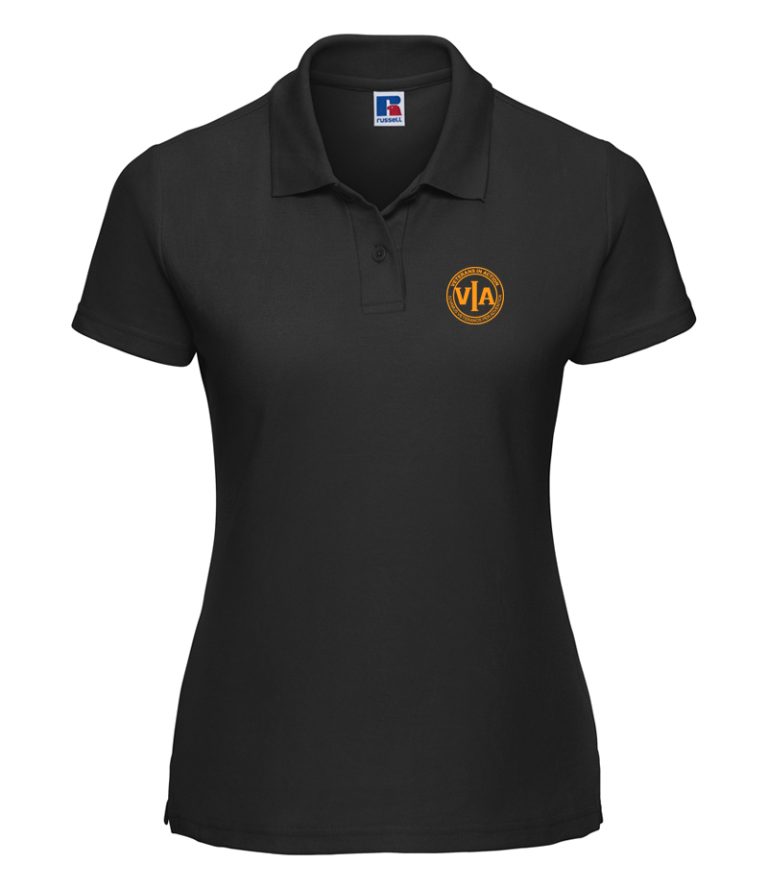 veterans in action ladies black polo shirt with gold logo