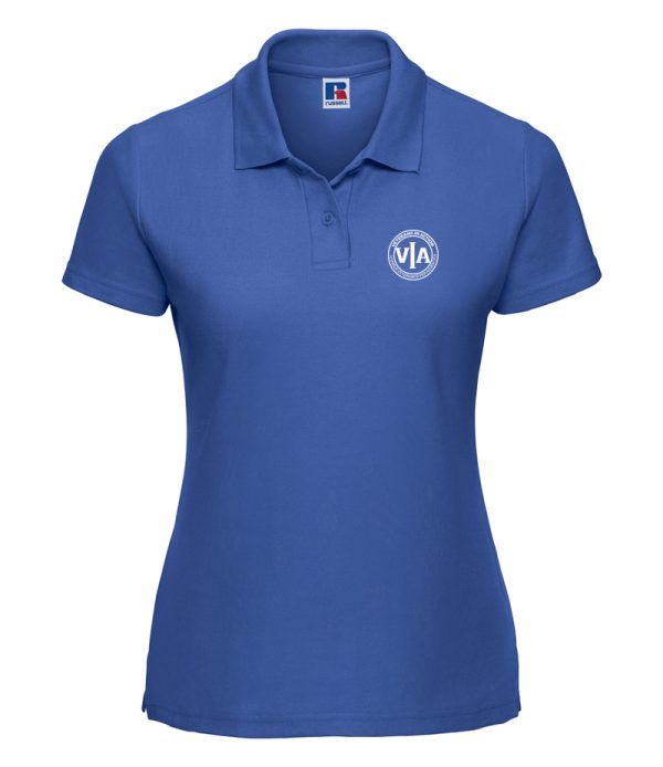 veterans in action ladies royal blue polo shirt with white logo