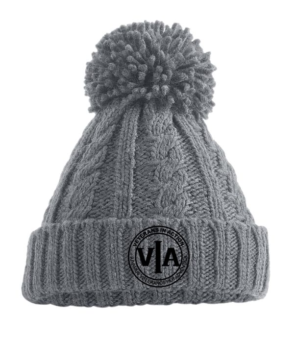 veterans in action light grey cable knit beanie with white logo