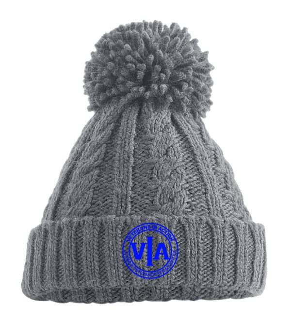 veterans in action light grey cable knit beanie with blue logo