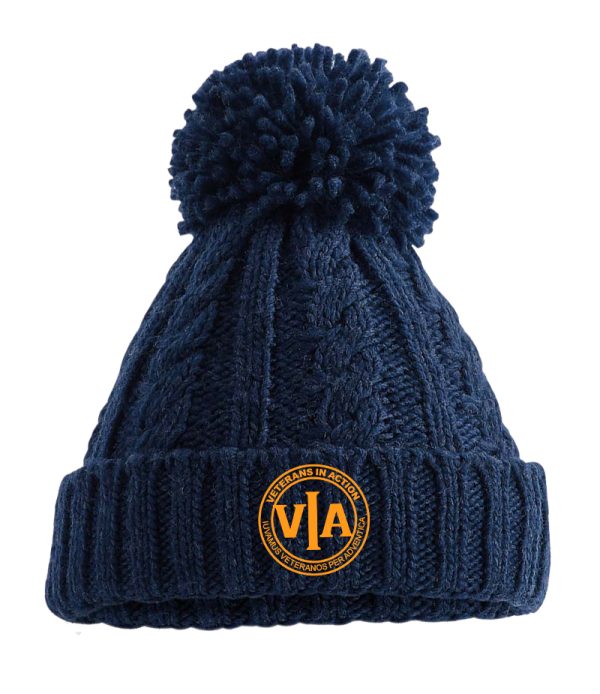 veterans in action navy cable knit beanie with gold logo
