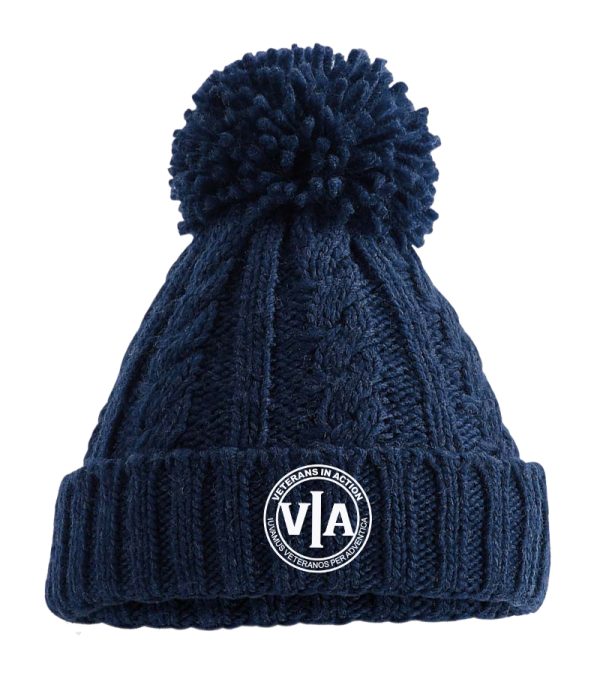 veterans in action navy cable knit beanie with white logo