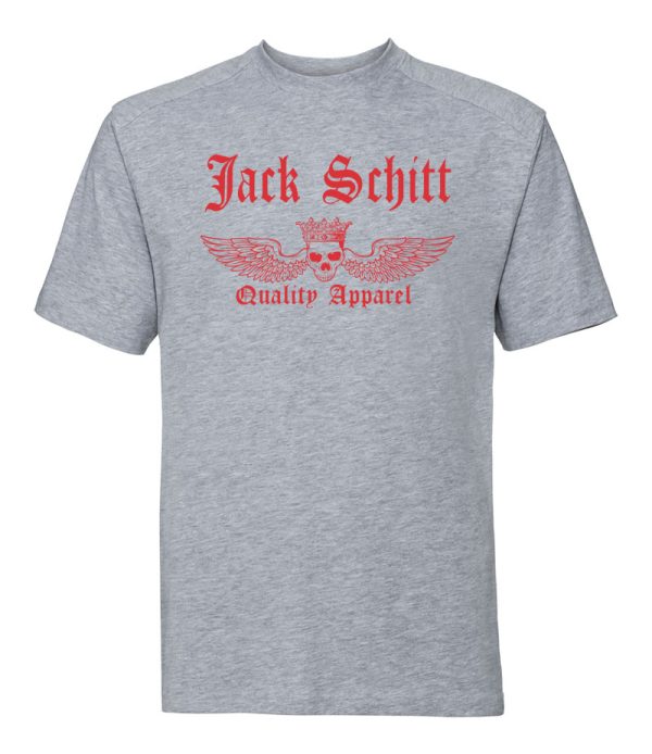 oxford grey jack schitt quality apparel t shirt with red logo