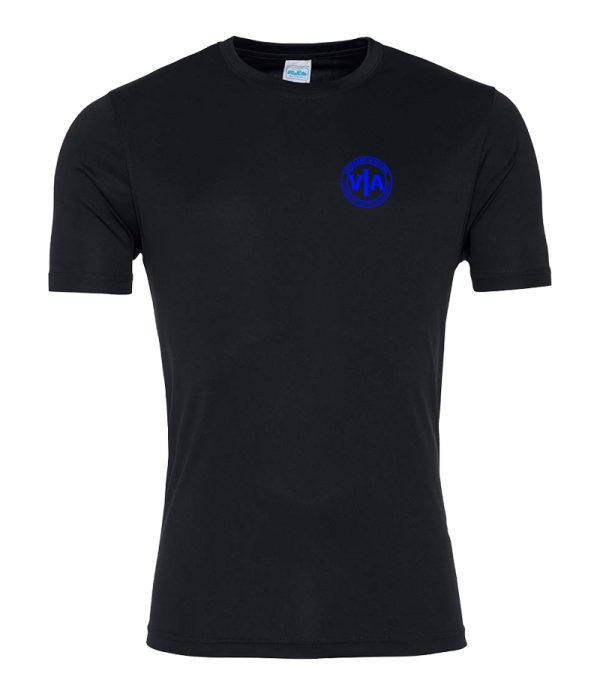 Veterans in action black sports t shirt with blue logo