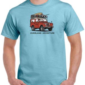 printed overland adventure sky blue t shirt with red land rover