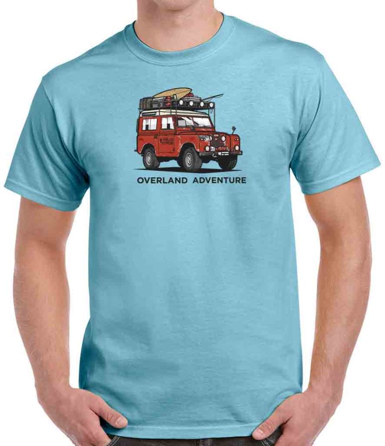 printed overland adventure sky blue t shirt with red land rover