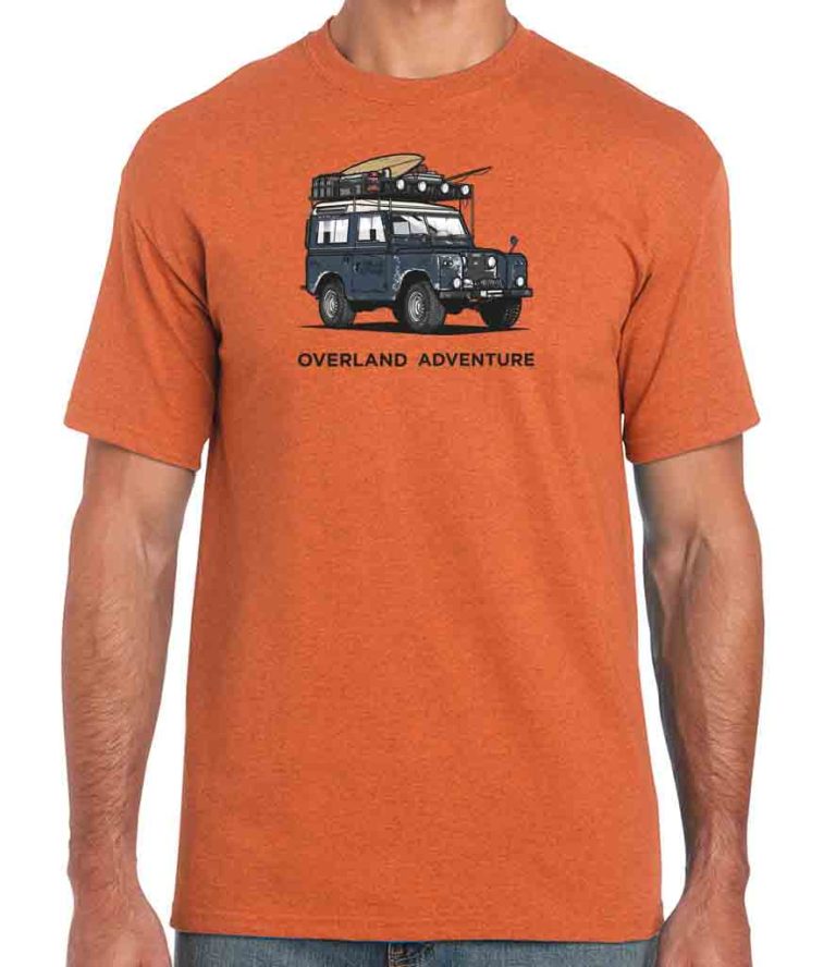 printed overland adventure antique orange land rover t shirt